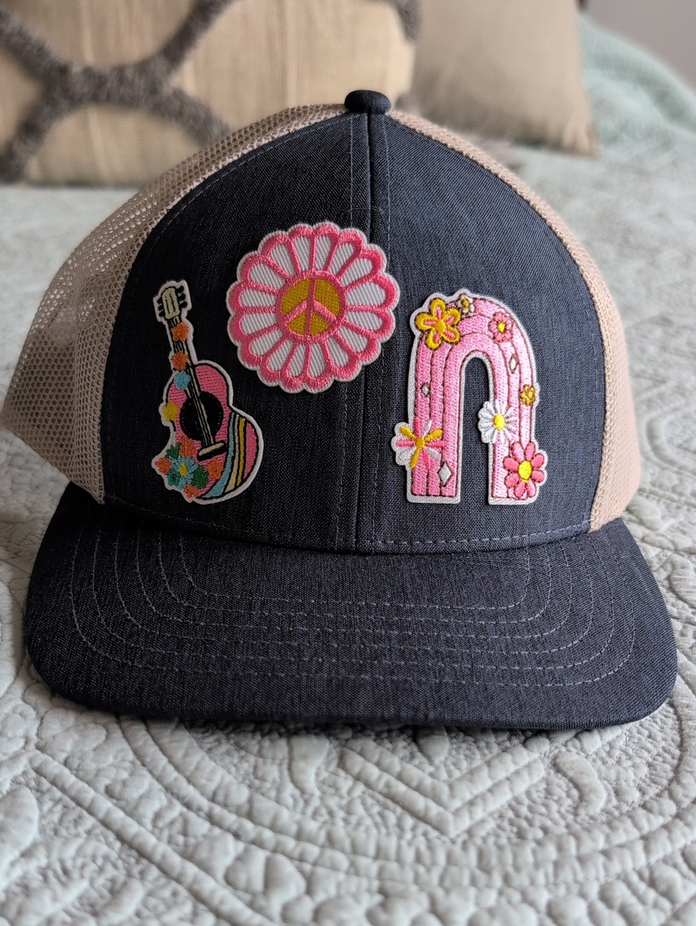 Trucker Hat with Pink Floral Patches